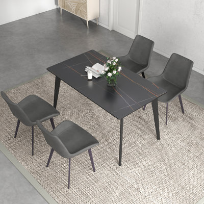 Fairy Nedek 5-Piece Modern Rectangular Sintered Stone Dining Table Set With 4 Grey Faux Leather Chairs