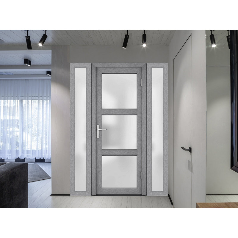 Façade extérieure pré-montée fibre de verre porte givrée / Manux 8552 gris cendré / 2 fenêtres extérieures latérales / Bureau Portes d'entrée commerciales et résidentielles Garage de garage-W14 + 36 + 14 po x H80 po -Ins droite