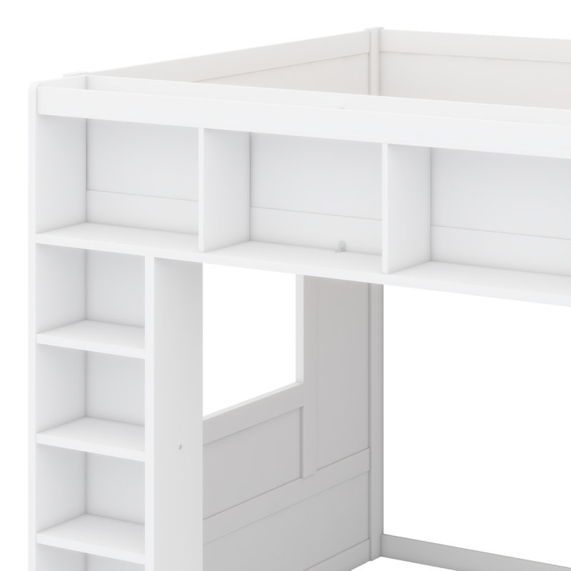 Lit mezzanine en bois avec armoires de rangement et tablettes, Blanc