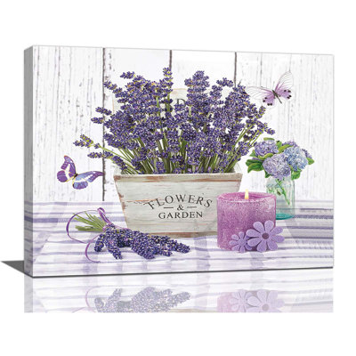 Lavender Canvas Wall Art Country Lavender Flower Butterfly Candle Wall Decor Purple Floral Farmhouse Pictures Painting Prints Framed Artwork Decor For Bathroom Bedroom Living Room 12"X16"