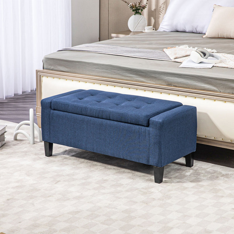 Banc de rangement rembourré en lin avec dessus relevable et capitonnage à boutons HOMcom, bleu foncé, Bleu