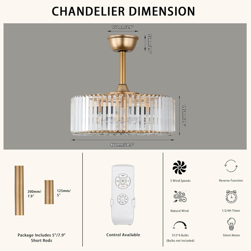 Modern Chandelier Ceiling Fan With Lights Crystal Fandeliers With Lights And Remote Gold Ceiling Fan For Living Room Dining Room Bedroom Kitchen,18 Inch, 3 Speed