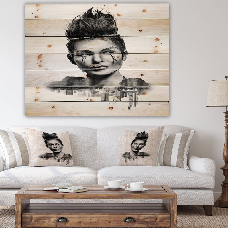 « double exposition femme avec des cheveux », impression, H 30 po x l 40 po x P 1,5 po, Bois