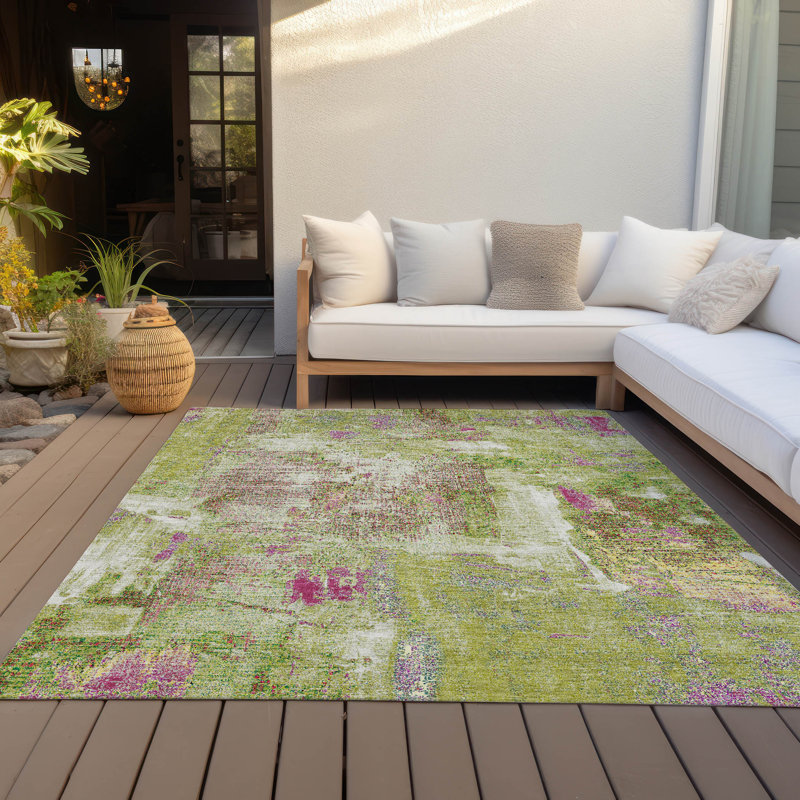 Lime Abstract Flat Woven Synthetic 8' x 10' Washable Rug