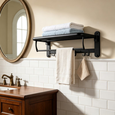 Foldable Towel Rack for Bathroom Wall Mounted with Towel Hooks and Adjustable Towel Bar, Stainless Steel Towel Holder and Towel Shelf, Black