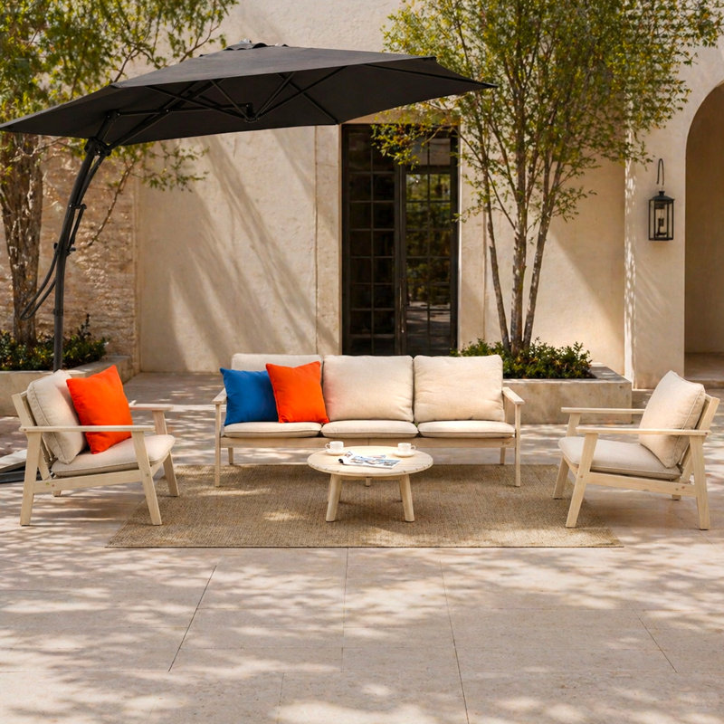 Solid Acacia Wood Garden Sofa Set With Coffee Table, Outdoor Patio Lounge Furniture, 4 Pcs: Table, 2 Chairs, Sofa