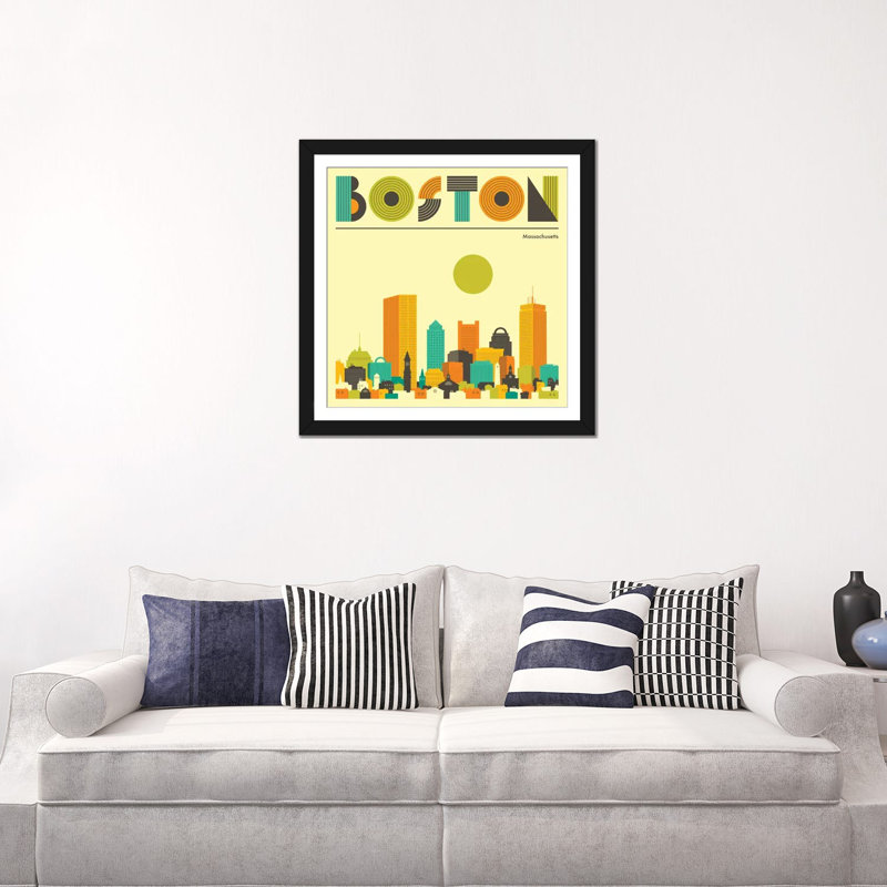 « boston horizon », impression sur toile, H 24 po x l 24 po x P 1 po, Papier avec cadre noir, Blanc