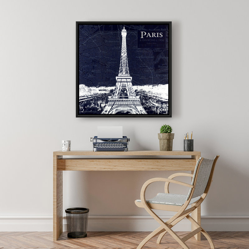 Paris Blue Print & Eiffel Tower - Framed Canvas Bedroom Decor