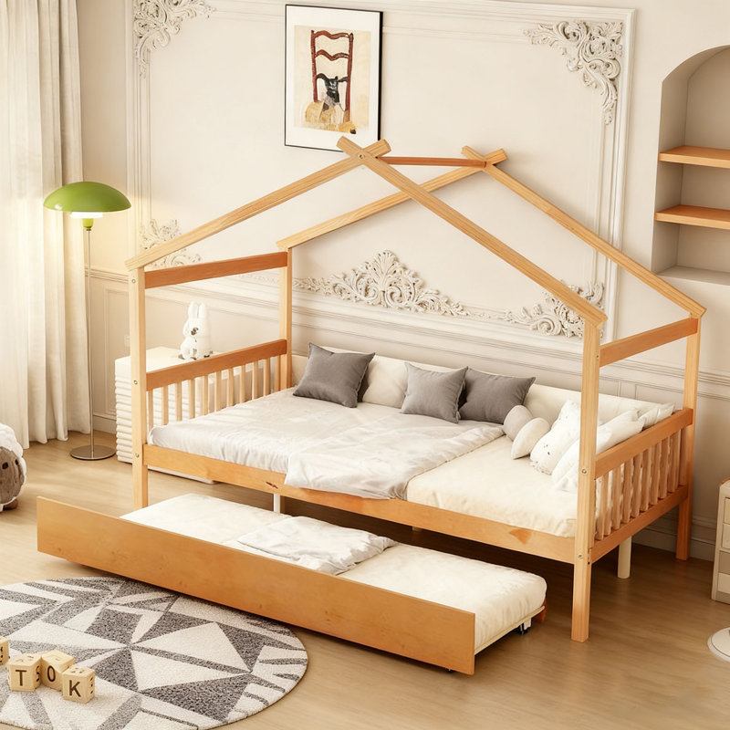 Lit en bois avec lit gigogne simple, Naturel