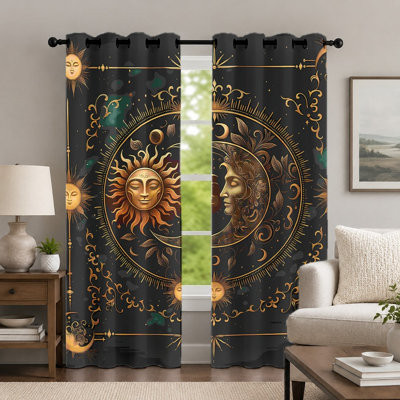 2Pcs Celestial Sun and Moon Curtains, Mystical Astrology Style Curtain, Decorative Golden Patterned Celestial Art Grommet Drapes, Window Treatment for Bedroom Living Room Decor