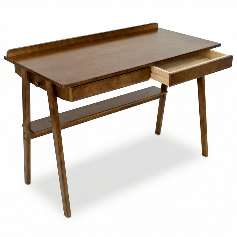 Bureau en bois massif de 47 po de style Mid-Century moderne avec 2 tiroirs et tablette de rangement, bureau d'ordinateur pour petits espaces avec crochets latéraux, finition noyer