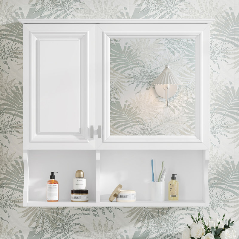 Armoire à pharmacie à miroir avec tablettes ouvertes, rangement mural avec portes et miroir, Blanc