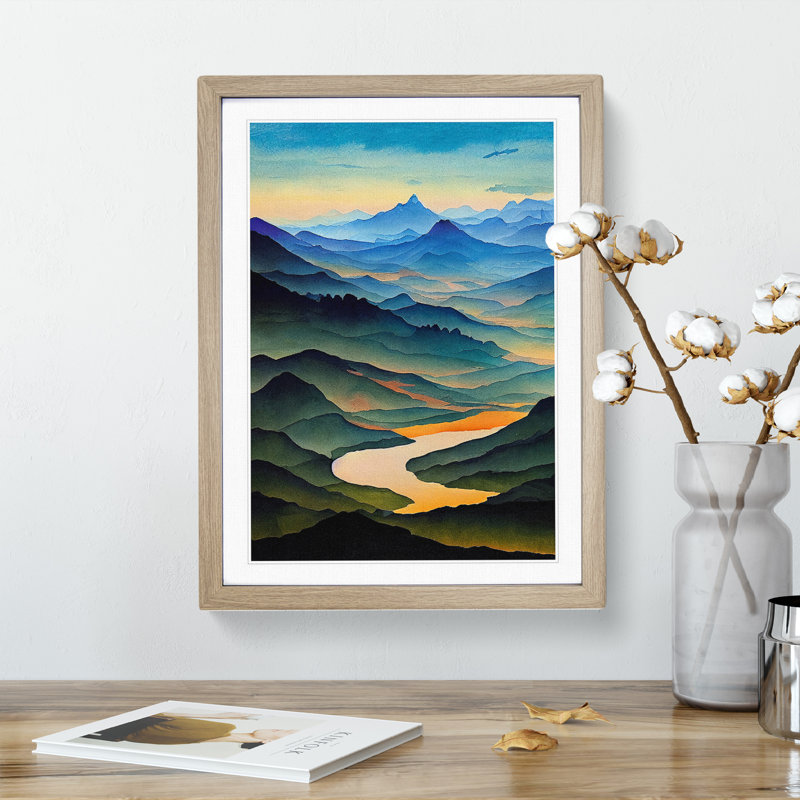 XV1022-3837X River Landscape Watercolour No.3 - Single Picture Frame Print, 64cm H x 46cm W x 2cm D, Oak