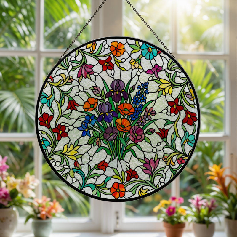 Panneau de vitrail à motif floral H 12 po, H 12 po x l 12 po