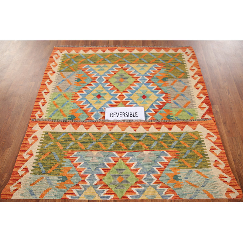 Tapis géométrique en laine réversible Kilim 4 x 6