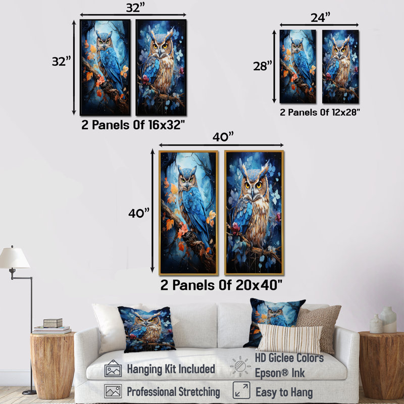 Blue Owls Moonlight Realm - ensemble de 2 reproductions d'art mural hibou, H 28 po x l 25 po, Toile tendue