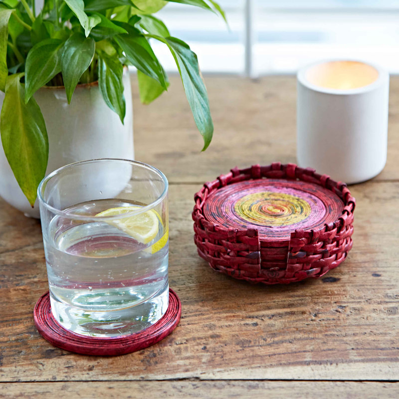 6 Recycled Newspaper Coasters, Red/Pink/Yellow
