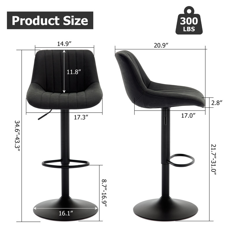  Ensemble de 2 tabourets pivotants à hauteur réglable avec dossier, Siège noir / cadre noir, 2