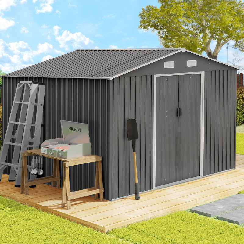 Remise de rangement extérieure avec fondation en métal et portes verrouillables, remise de jardin durable pour la cour, le patio et la pelouse