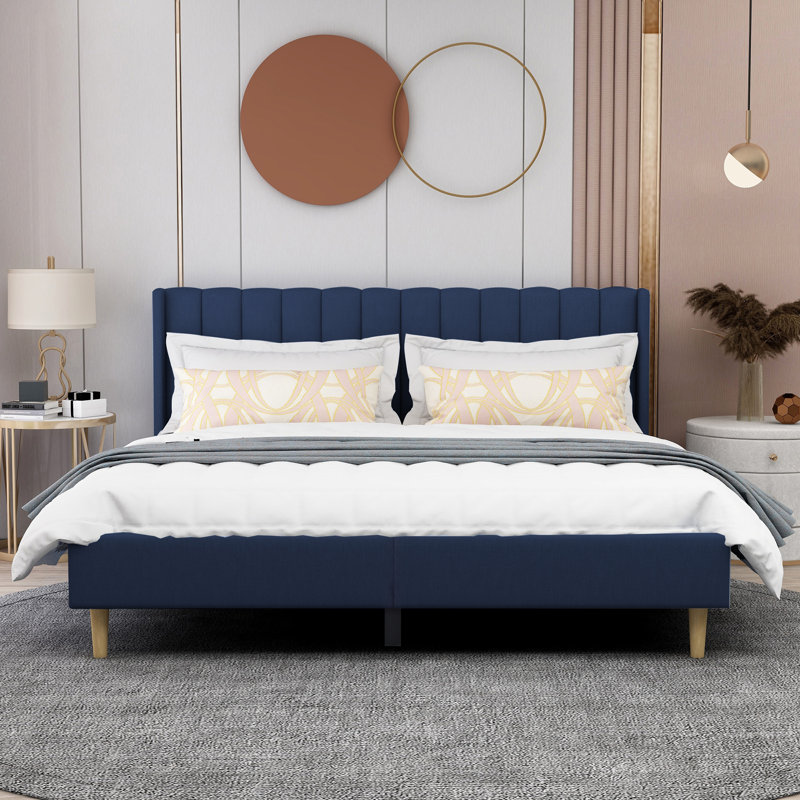 King Size Blue Velvet Upholstered Platform Bed with Tufted Headboard