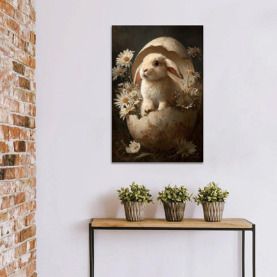 Illustration de toile de printemps de lapin de Timuba - Art mural thématique de Pâques avec image de lapin en œuf pour décoration murale saisonnière, peinture décorative enveloppée pour la décoration de maison de vacances, 18 po x 24 po