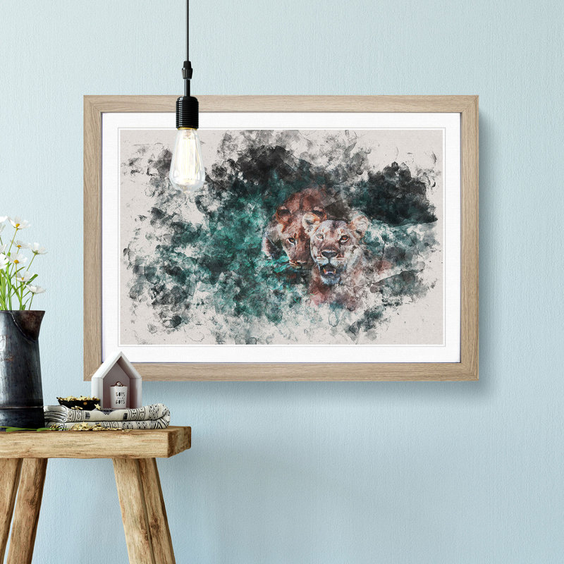 Two Lions In The Shadows Watercolour - Single Picture Frame Print on MDF, Oak Framed, 62cm H x 87cm W x 2cm D