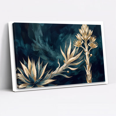 Art mural bleu sarcelle et plante d'agave avec tige en fleurs