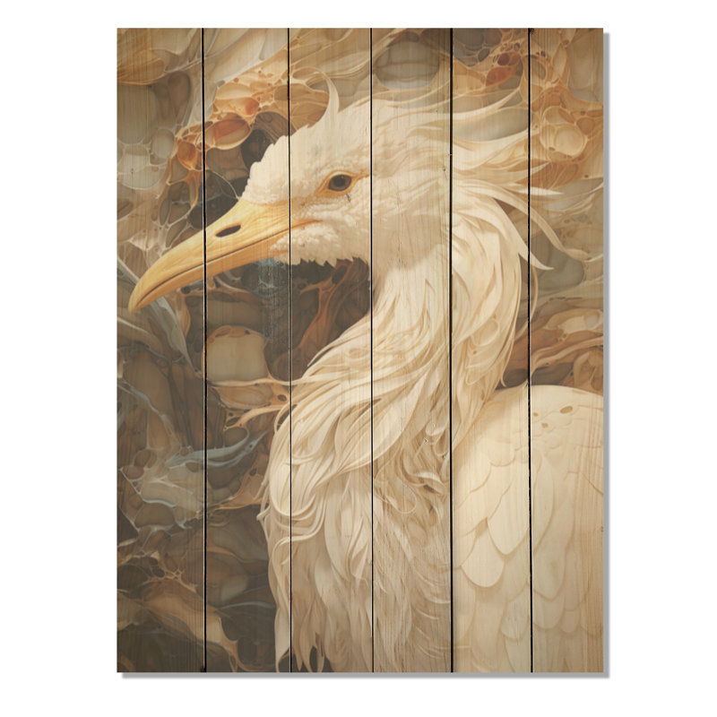 Portrait de héron moderne beige - Héron, art mural sur bois de pin naturel, H 40 po x l 30 po