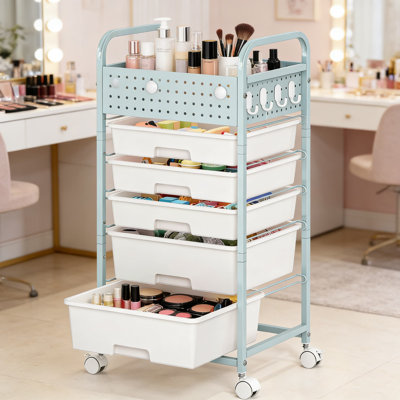 Mobile Storage Cart With Pegboard Top, 5 Removable Drawers, And Locking Wheels - Heavy-Duty Rolling Utility Organizer For Office, Craft, Classroom, And Home Organization