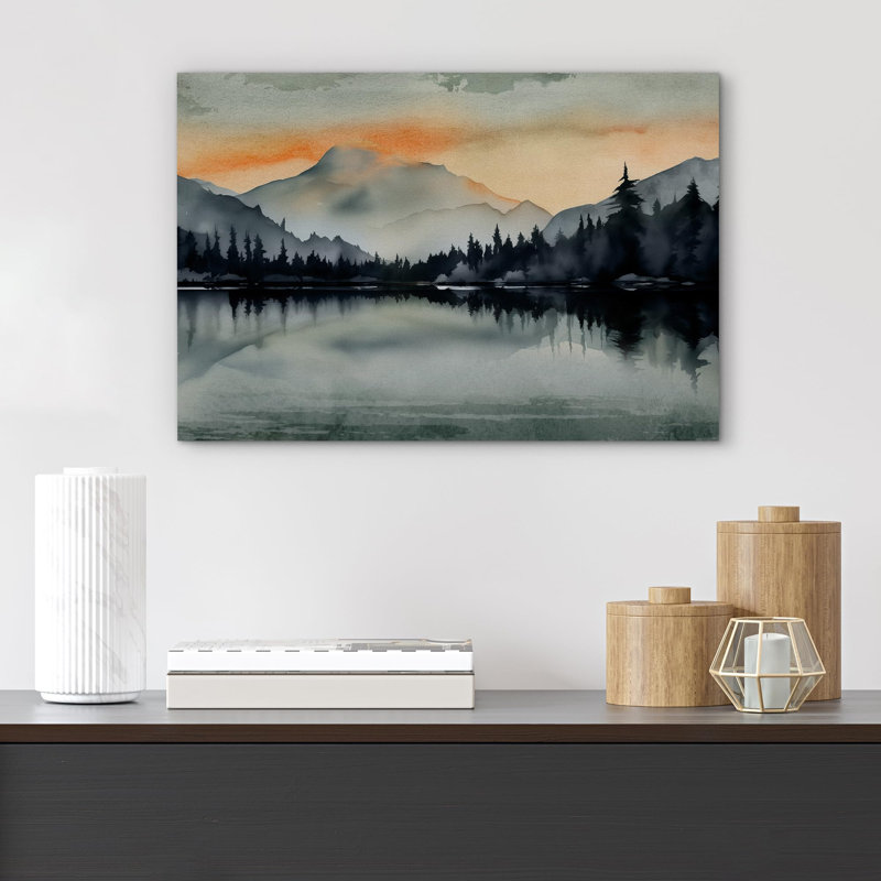 Paysage de forêt Woodland «Crimson Twilight Sunrise Mountain Lake» sur, H 24 po x l 36 po, Toile tendue