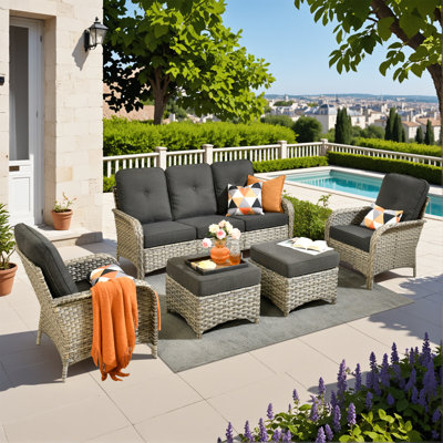 Ensemble de mobilier de patio pour 7 personnes, ensemble de conversation à haut dossier en osier avec coussins pour l'extérieur, ensemble de conversation pour canapé toutes saisons