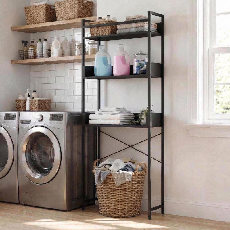 Over-The-Toilet Metal Storage Rack with 3 Open Wooden Shelves & Iron Frame, Black Storage Organizer with Hook for Bathroom, Kitchen, Laundry Room, Entryway