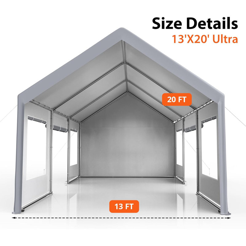 Abri de garage 13 x 20 pi, tuyau de fer + PE, 4 portes et 4 fenêtres, imperméable, résistant au soleil, brise-vent de garage