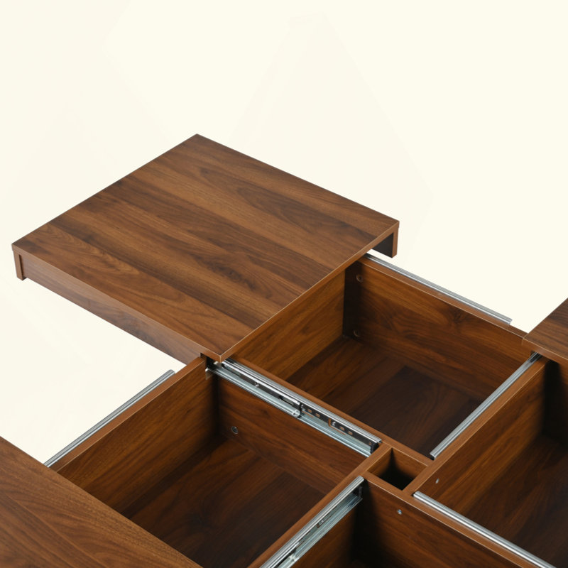 Table basse carrée en placage avec plateau coulissant et rangement, Noyer