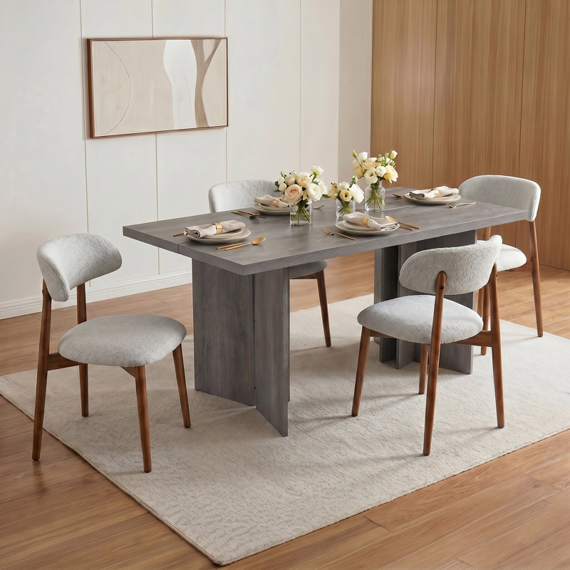 Wooden Rectangular Dining Table With Upholstered Solid Wood Dining Chairs, 5 Pieces: Table, 4 Chairs, Dark Grey, Light Grey