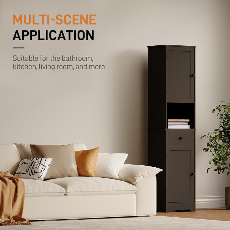 Armoire de salle de bain haute, armoire de rangement avec 2 portes et 2 tiroirs, avec tablette ajustable, pour salle de bain, cuisine, entrée, chambre à coucher (noir)
