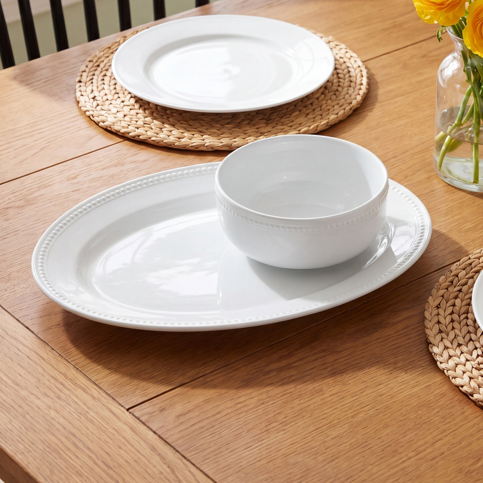 Everyday White Beaded 2-Piece Serving Bowl and Platter Set
