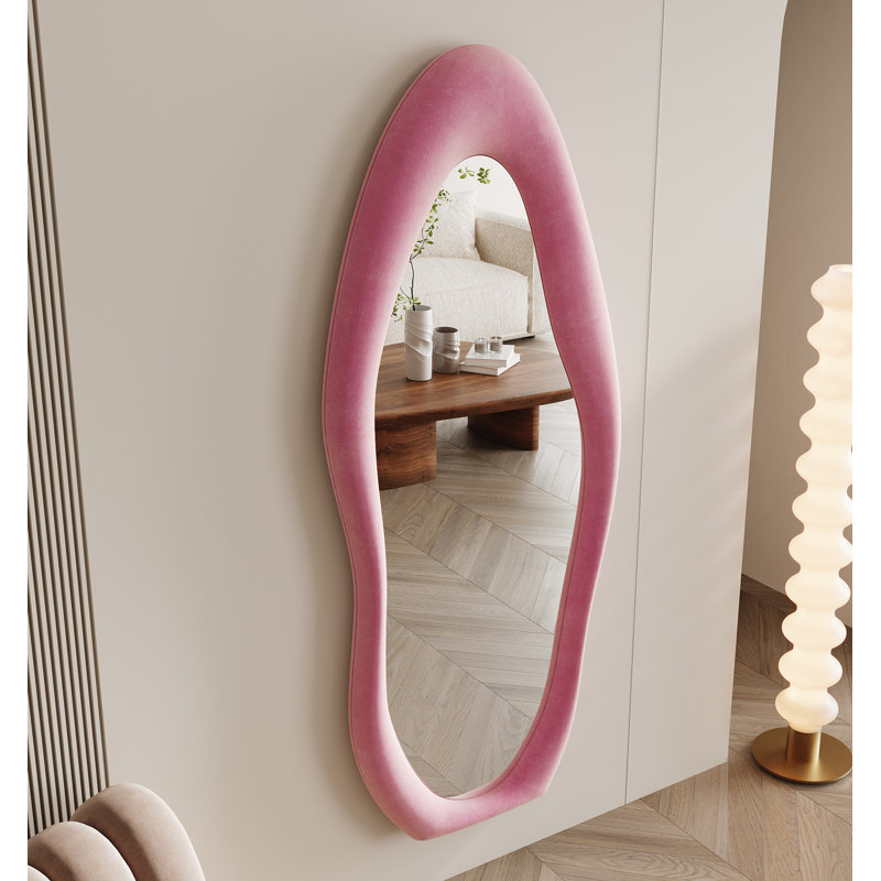 Full Length Mirror 63"X24", Irregular Wavy Mirror, Arched Floor Mirror, Wall Mirror Standing Hanging Or Leaning Against Wall For Bedroom, Flannel Wrapped Wooden Frame Mirror