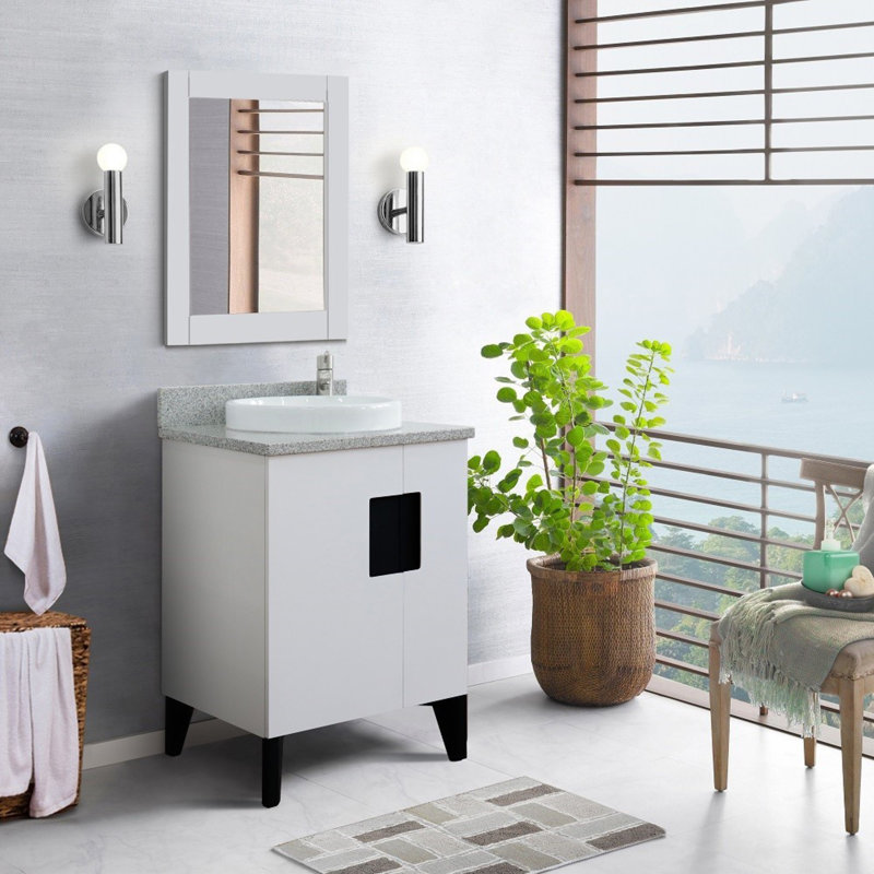 25'' Single Bathroom Vanity with Granite Top, White, Gray Granite
