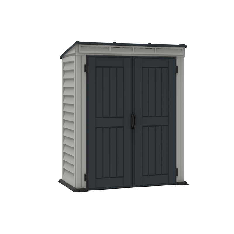 Gray Vinyl Lean-To Storage Shed with Shelving and Windows