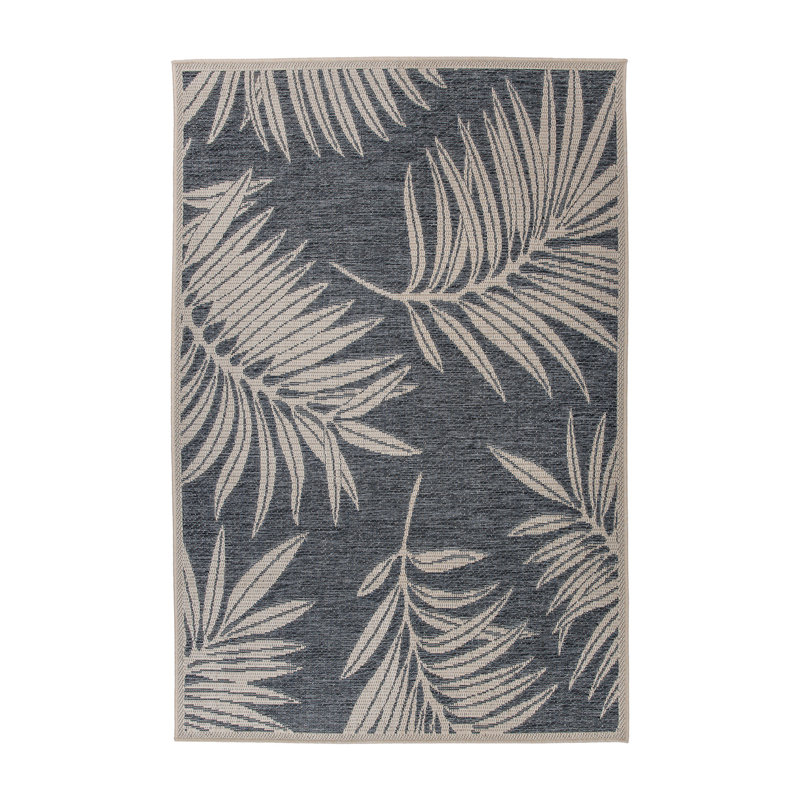 Tapis intérieur / extérieur bleu / gris / ivoire à motif floral Dowd, Rectangle 6 pi 7 po x 9 pi