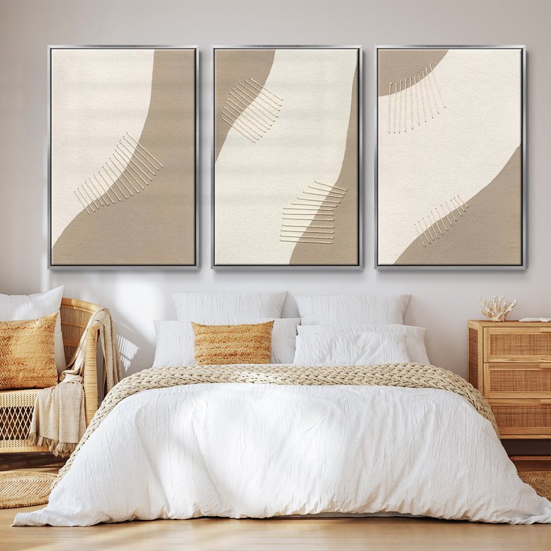 Neutral Stitches I - Ensemble de 3 reproductions sur toiles, Argent, H 36 po x l 72 po