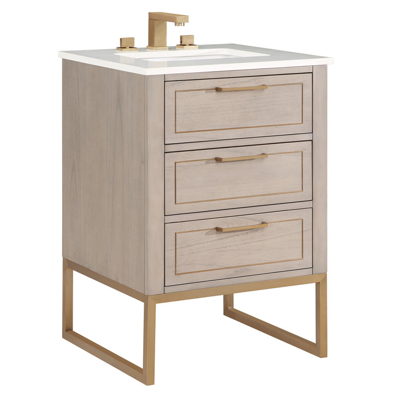 Ensemble de meuble-lavabo simple 24 po Markham, Gris cachemire, Quartz blanc, Laiton satiné