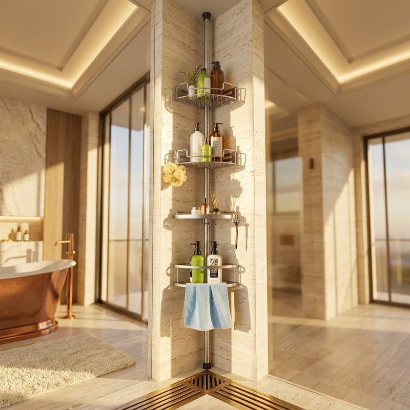 Étagère de douche d'angle argentée à 4 niveaux avec barre de tension, réglable de 119 à 307 cm, antirouille