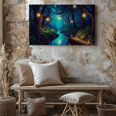 Art mural, lanterne de forêt enchantée, toile de ruisseau et chemin mystique