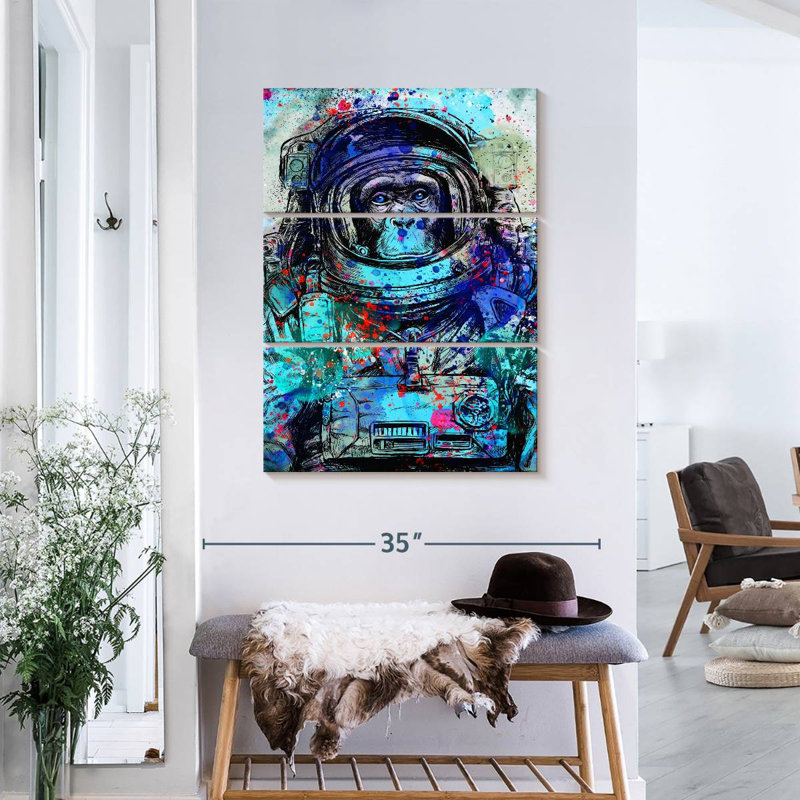 Drôle d'astronaute sur toile 3 pièces, H 38 po x l 24 po