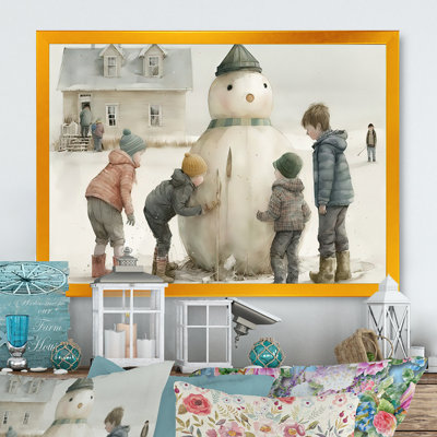 «Kids Building a Huge Snowman I», peinture sur toile