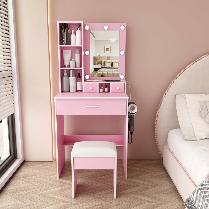 Table de coiffeuse avec miroir et lumières DEL réglables, prise de courant, support pour séchoir à cheveux et tabouret - coiffeuse compacte pour petites chambres