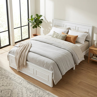 Grand lit plateforme avec tête de lit à hauteur réglable, structure en bois de pin massif avec conception à panneaux géométriques, rangement sous le lit de 9,1 po, 10 lattes de bois, aucun sommier requis
