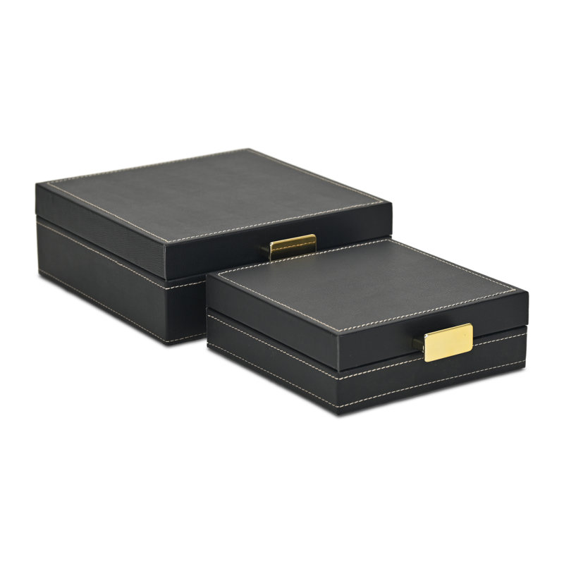 Ensemble de 2 boîtes avec accents cousus et poignées dorées Lithos, Noir